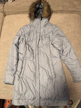 Columbia Women's Light Blue-Gray Long Puffer Coat with Faux Fur Hood, Size Small